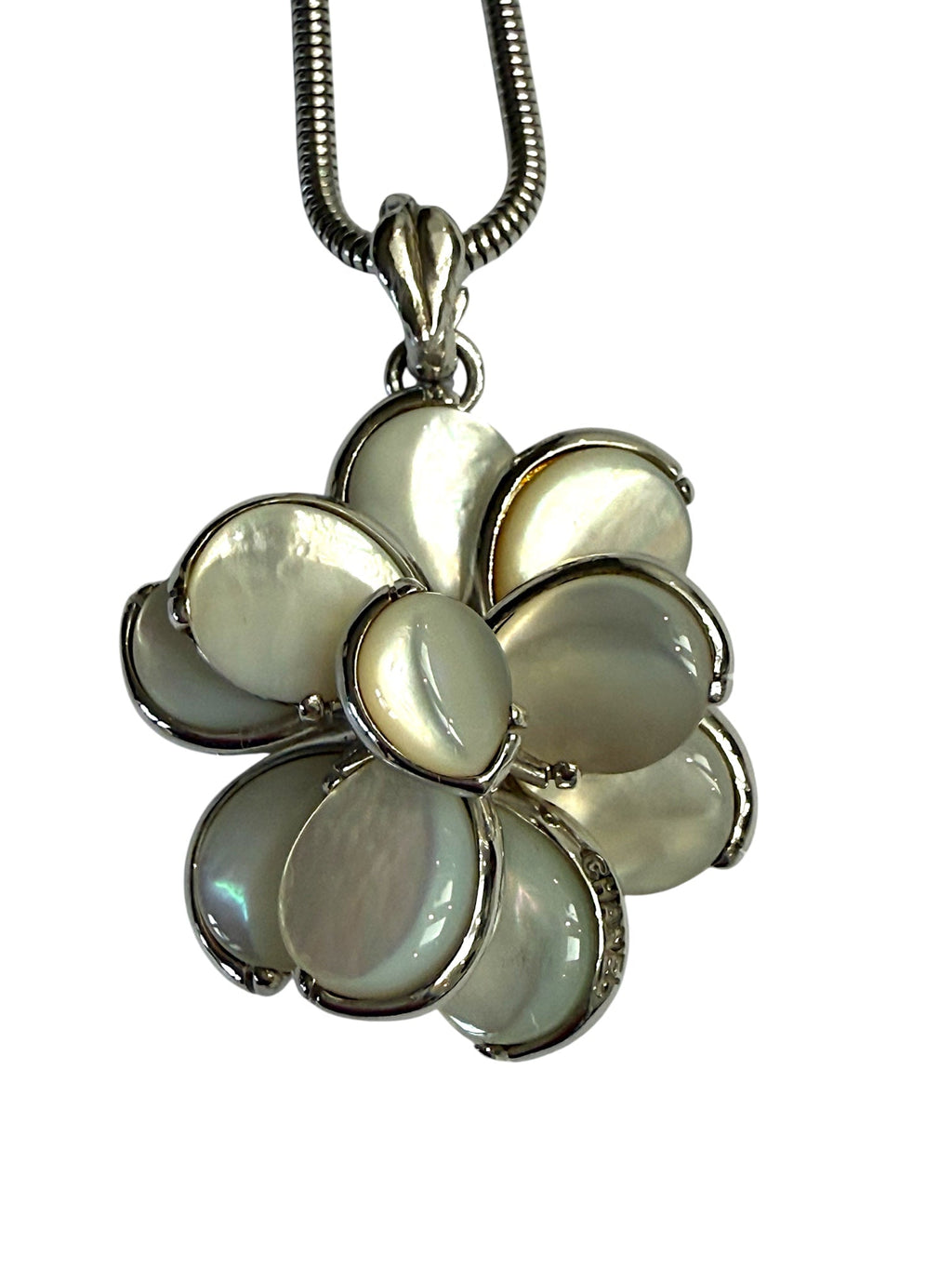 Chanel Silver and Mother of Pearl Camellia Necklace with Serpentine Chain