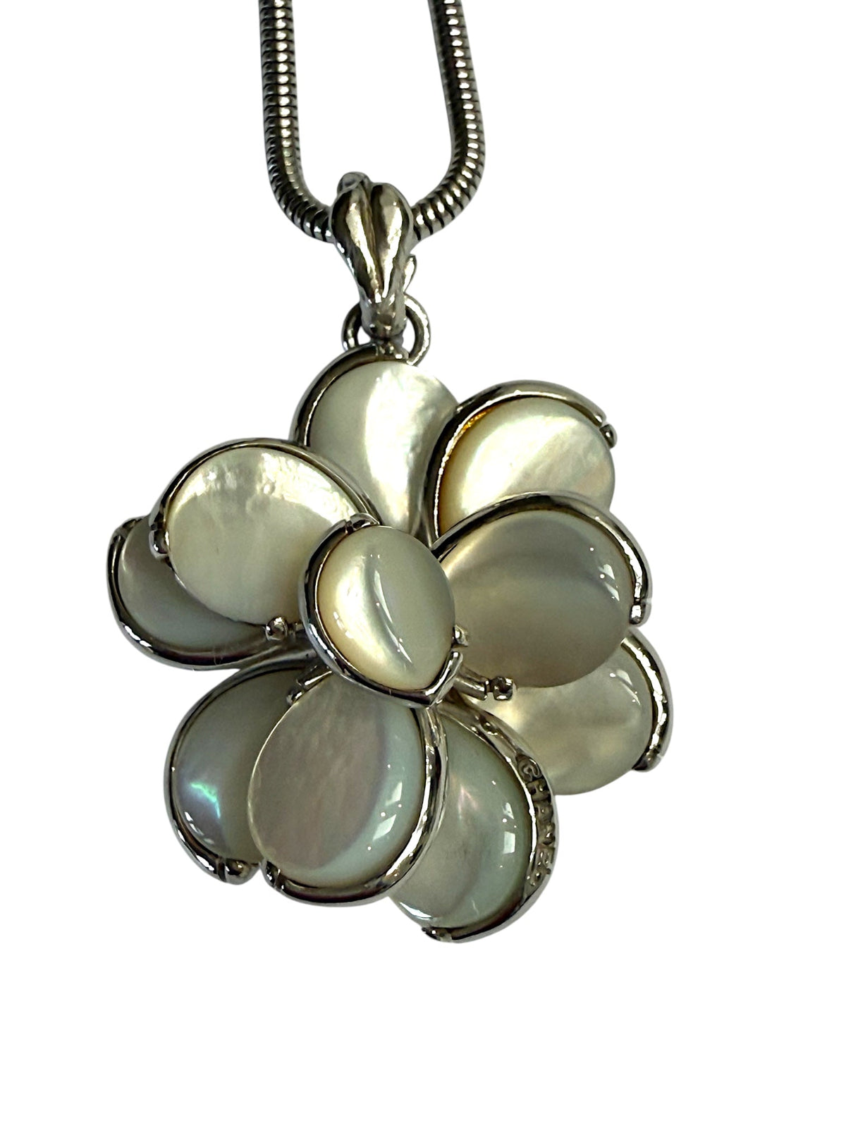 Chanel Silver and Mother of Pearl Camellia Necklace with Serpentine Chain