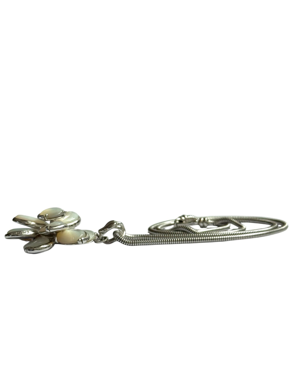 Chanel Silver and Mother of Pearl Camellia Necklace with Serpentine Chain