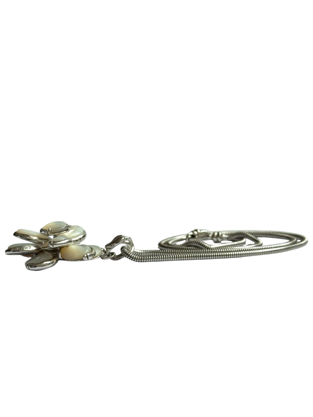 Chanel Silver and Mother of Pearl Camellia Necklace with Serpentine Chain