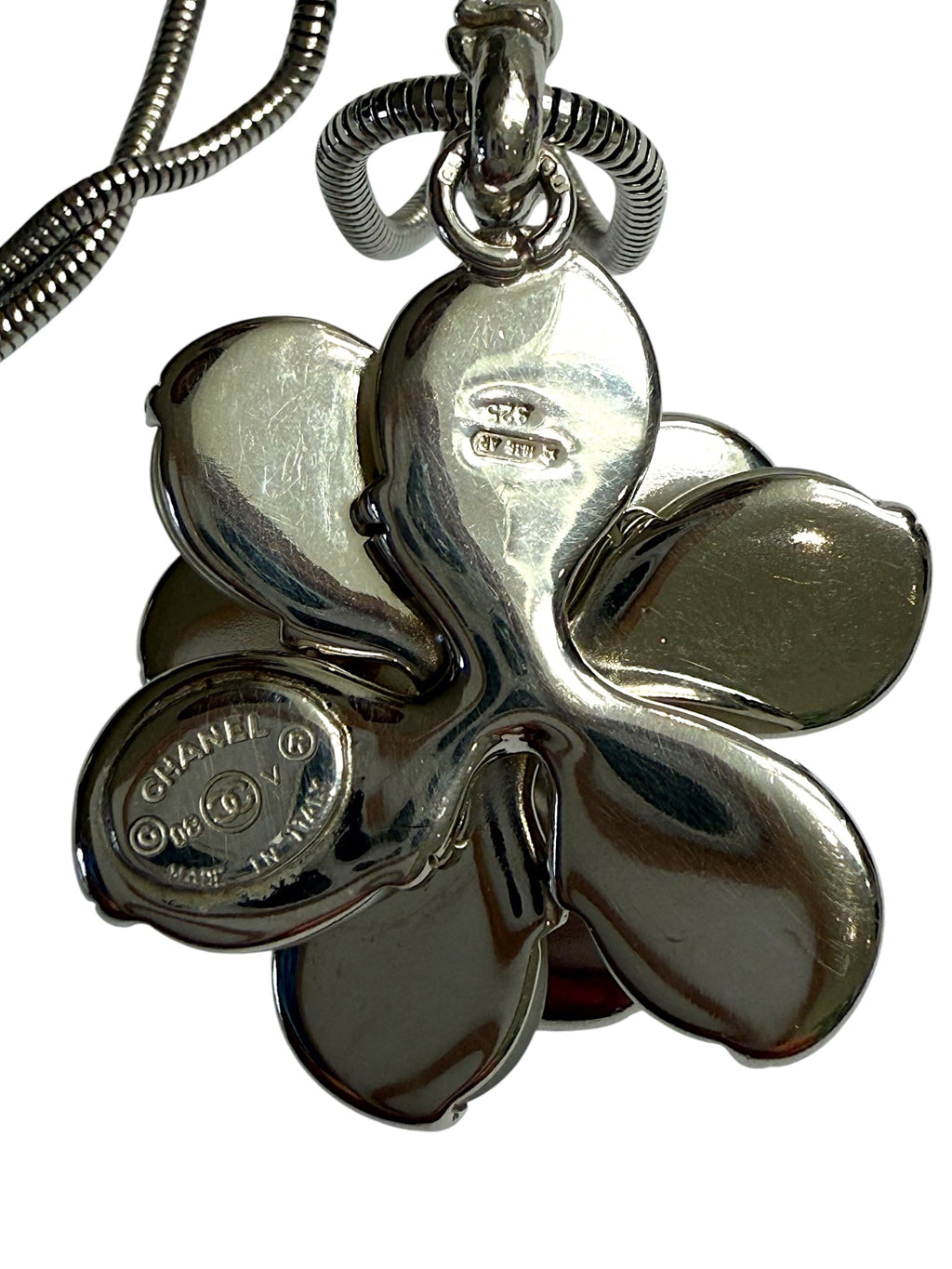 Chanel Silver and Mother of Pearl Camellia Necklace with Serpentine Chain