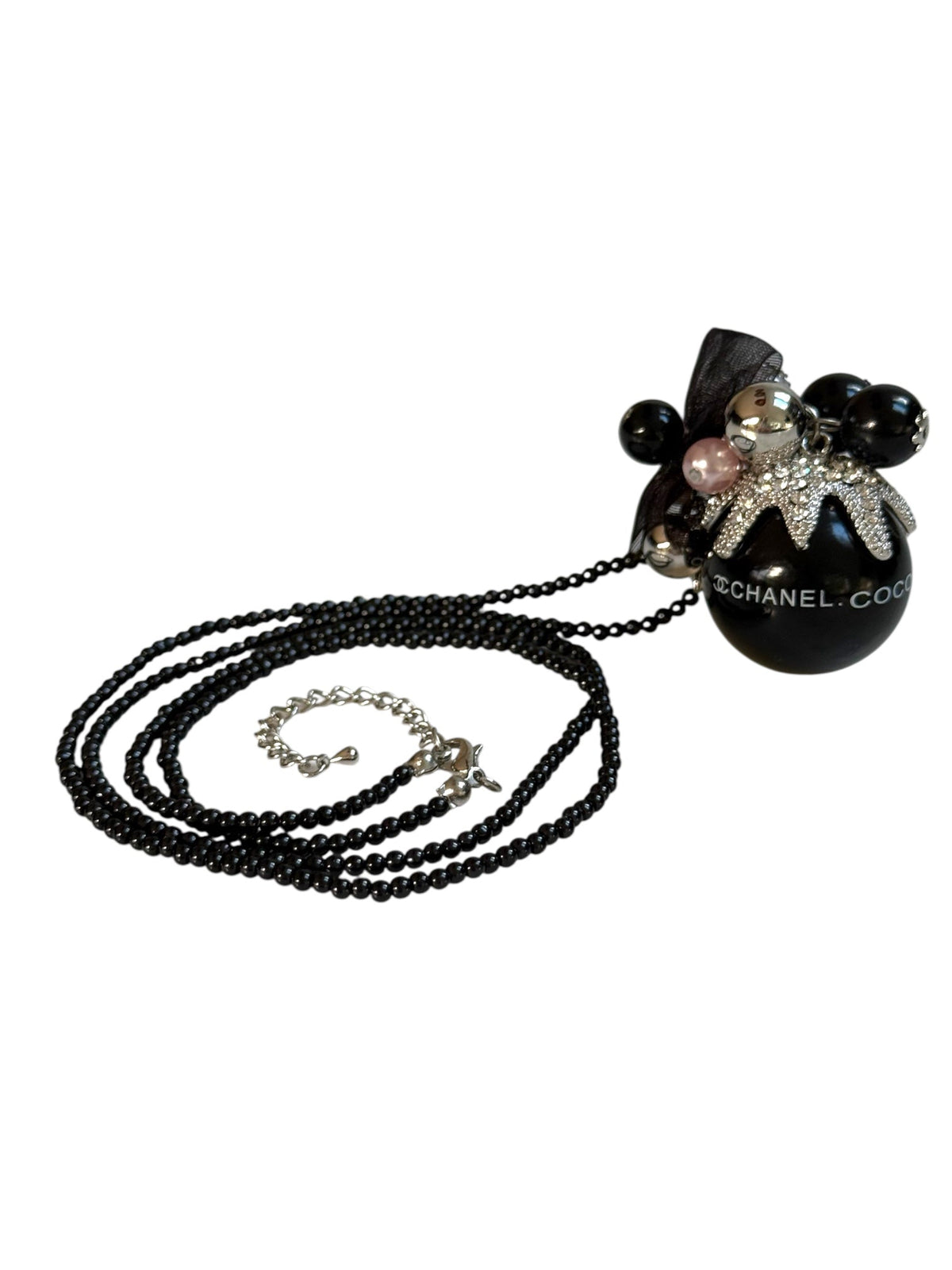 Chanel Black Bead Crystal and Pearl Pendant Necklace