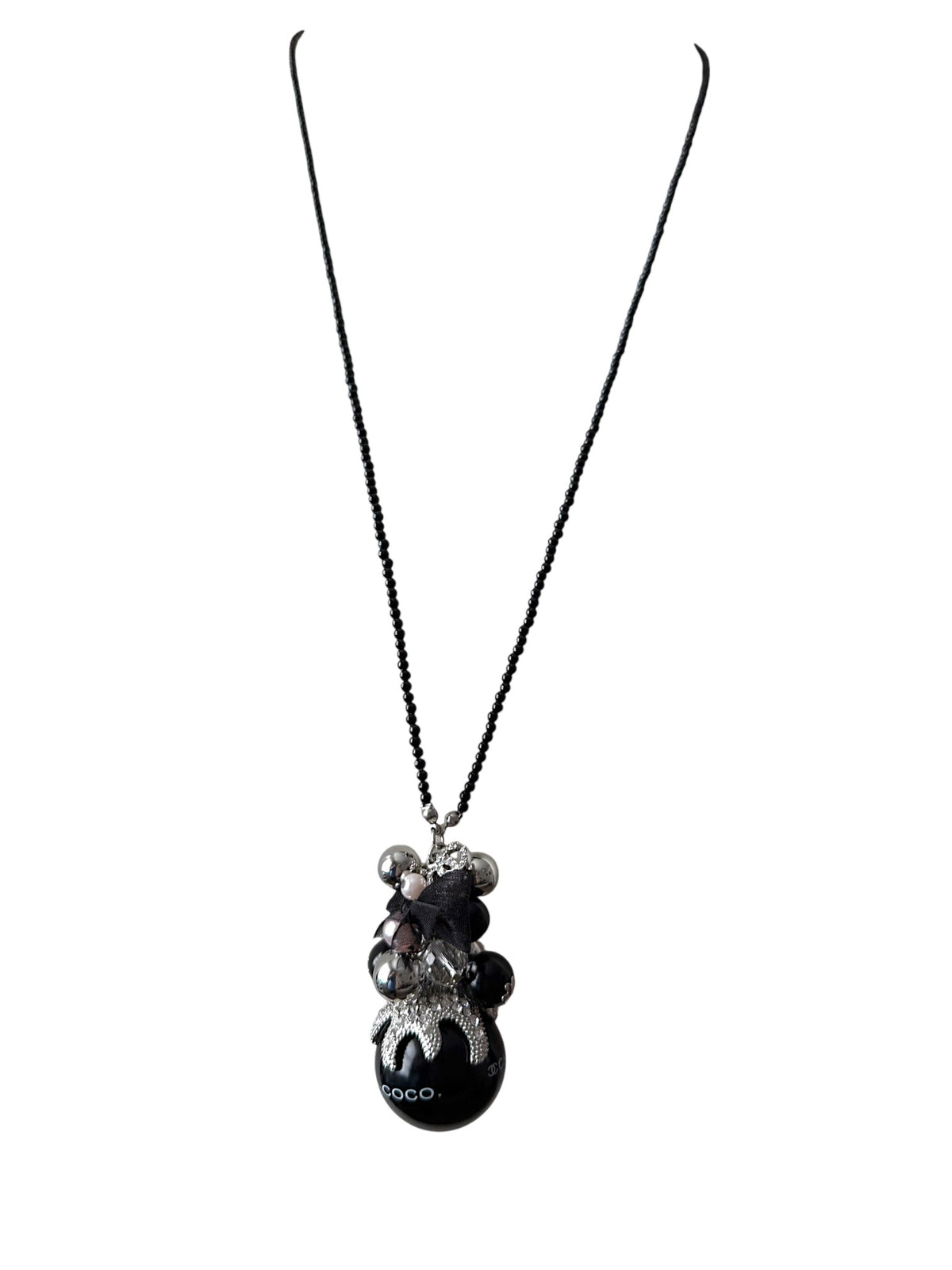 Chanel Black Bead Crystal and Pearl Pendant Necklace