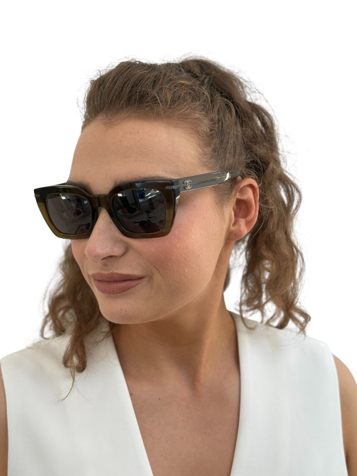 Chanel Square Shaped Olive Green Chain “CC” Logo Sunglasses
