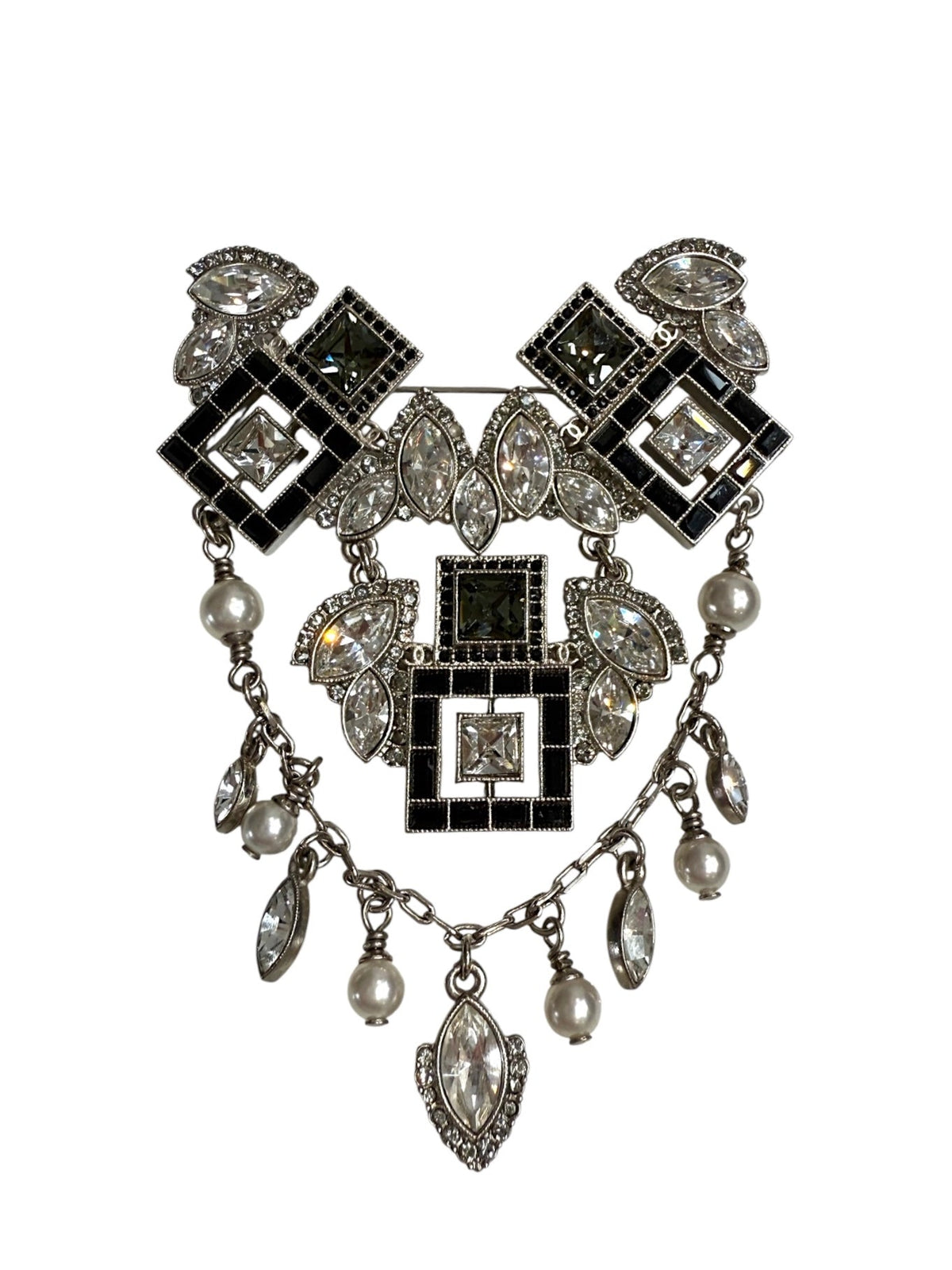 Chanel, Silver Tone, Black and White Crystal Art Deco Brooch