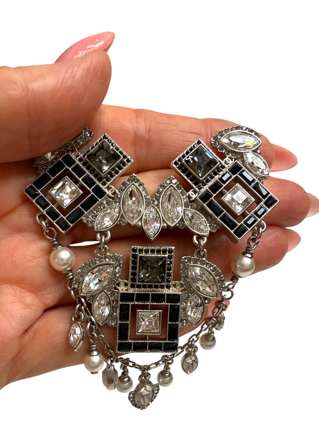 Chanel, Silver Tone, Black and White Crystal Art Deco Brooch