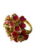 Oscar de la Renta Red Enamel and Gold Plated Flower Ring