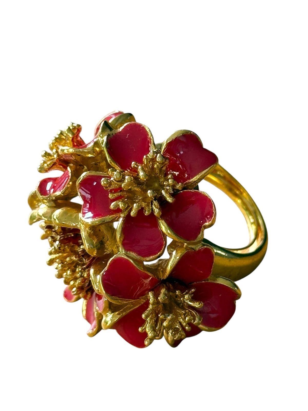 Oscar de la Renta Red Enamel and Gold Plated Flower Ring