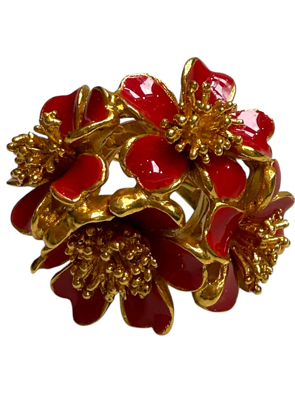 Oscar de la Renta Red Enamel and Gold Plated Flower Ring