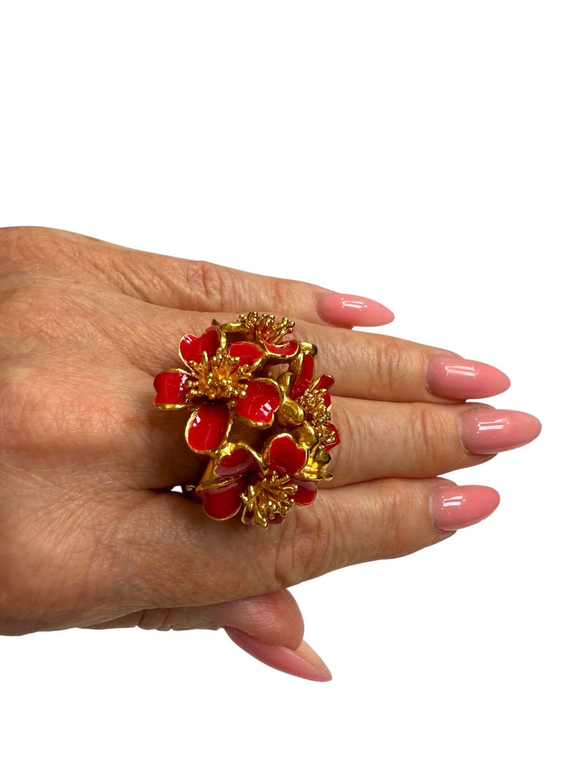 Oscar de la Renta Red Enamel and Gold Plated Flower Ring
