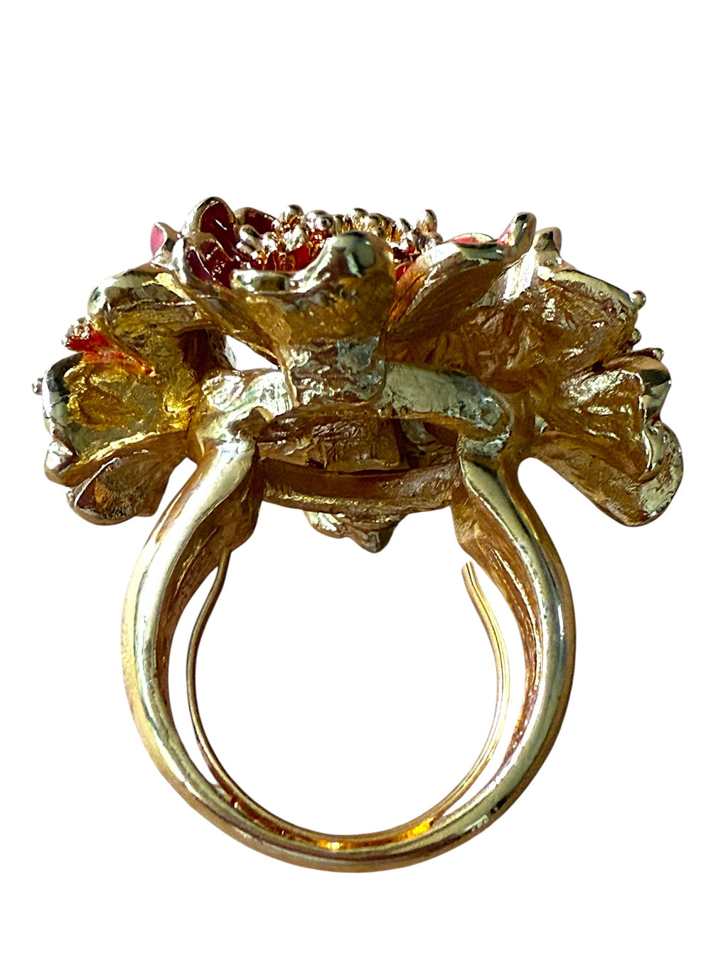 Oscar de la Renta Red Enamel and Gold Plated Flower Ring