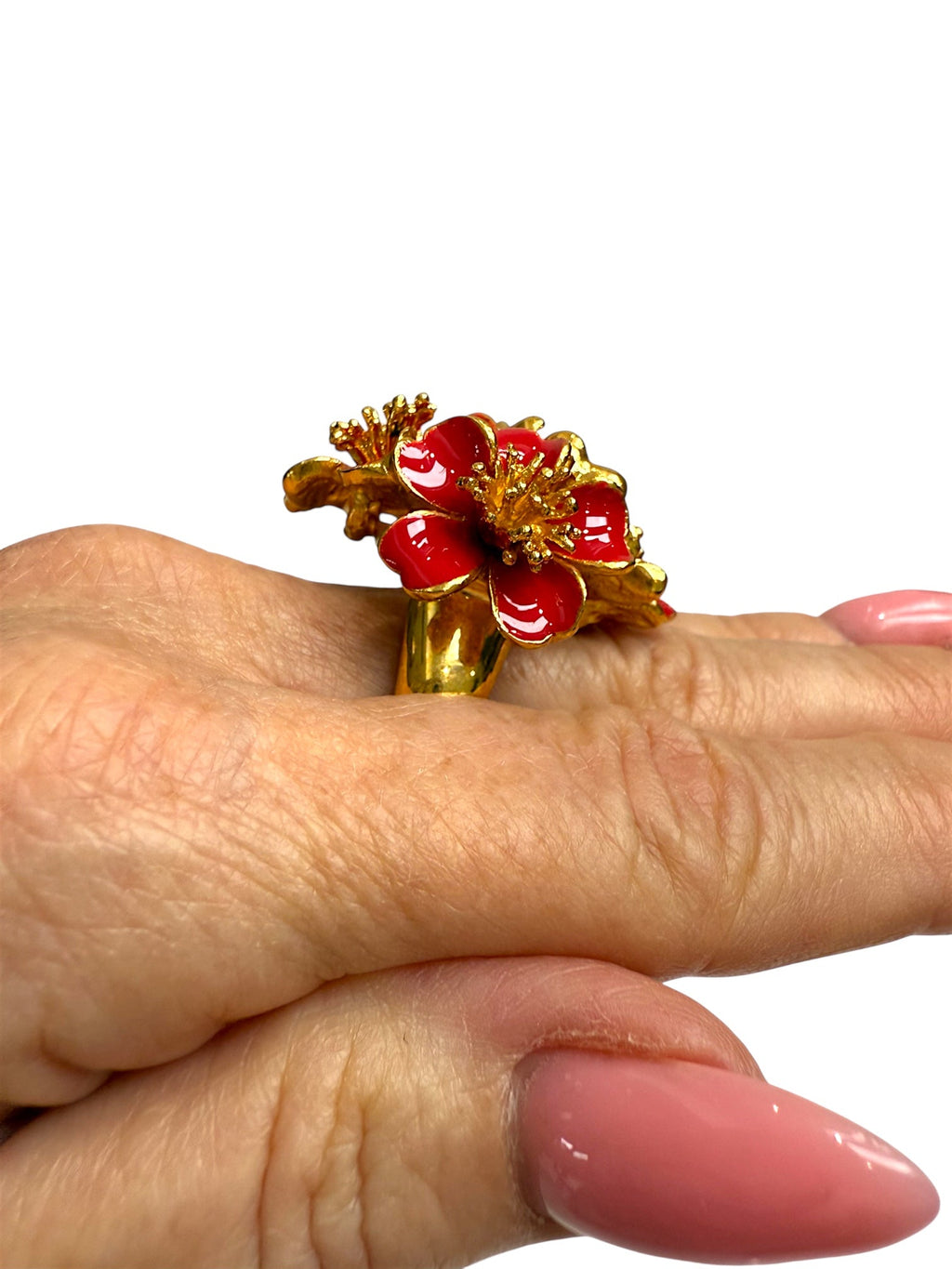Oscar de la Renta Red Enamel and Gold Plated Flower Ring