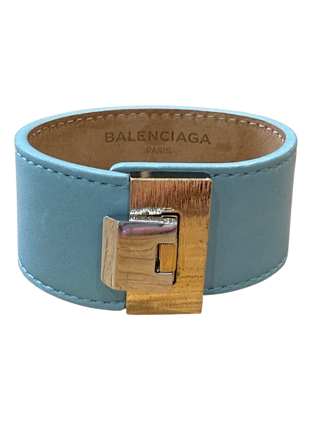 Balenciaga Pale Blue Leather Bracelet with Silver and Gold Clasp