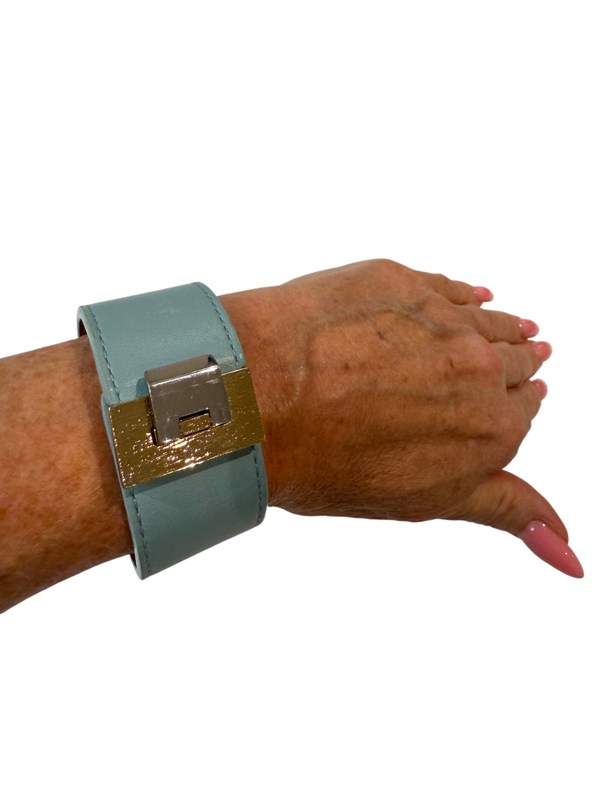 Balenciaga Pale Blue Leather Bracelet with Silver and Gold Clasp