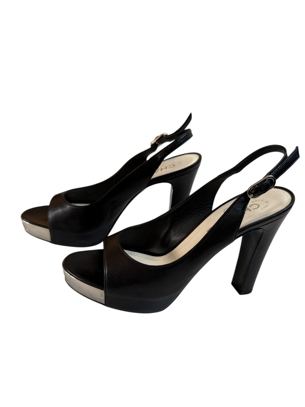 Chanel Black Platform Sling Back Peep Toe Shoes with Silver Finish