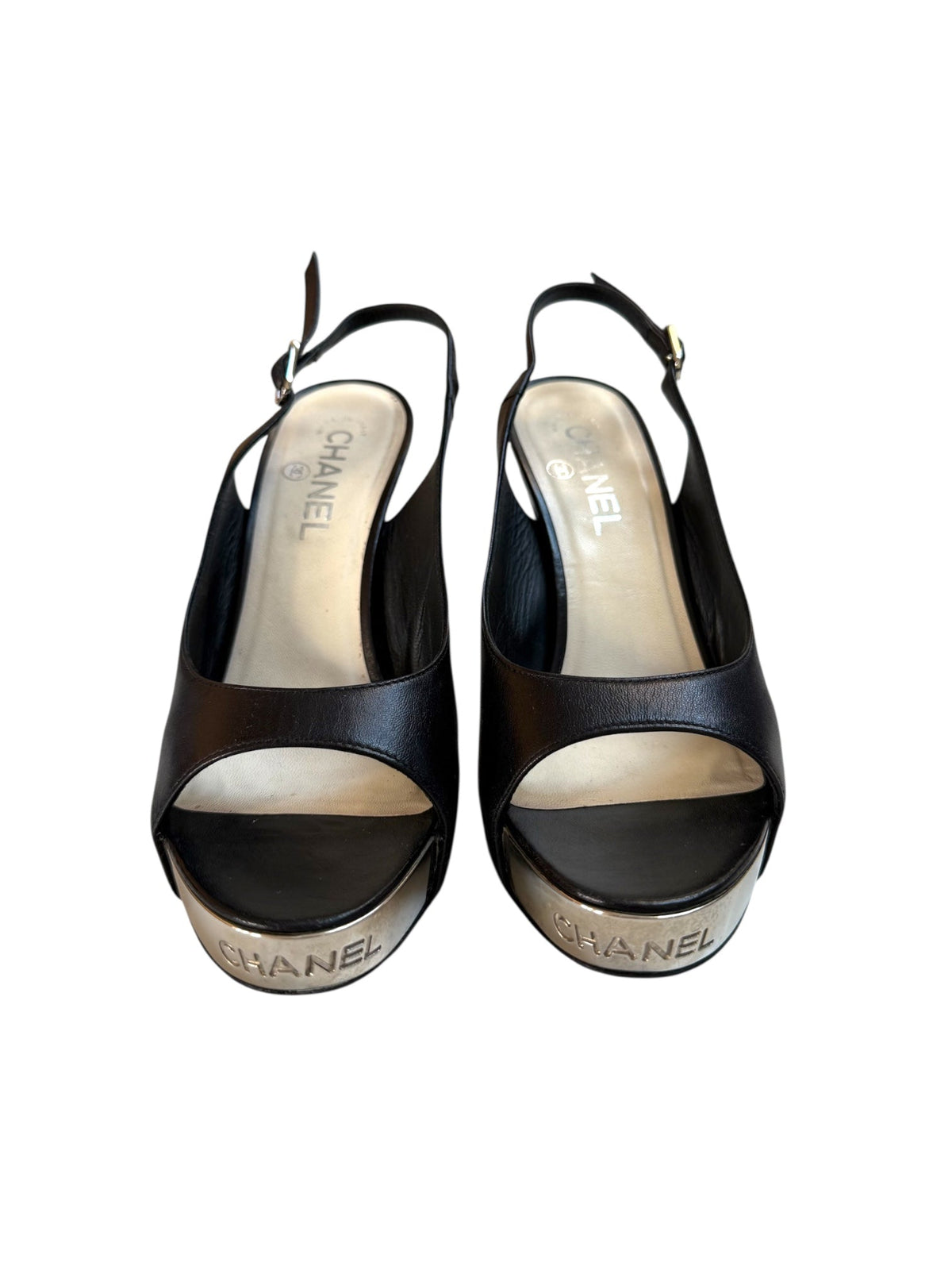 Chanel Black Platform Sling Back Peep Toe Shoes with Silver Finish