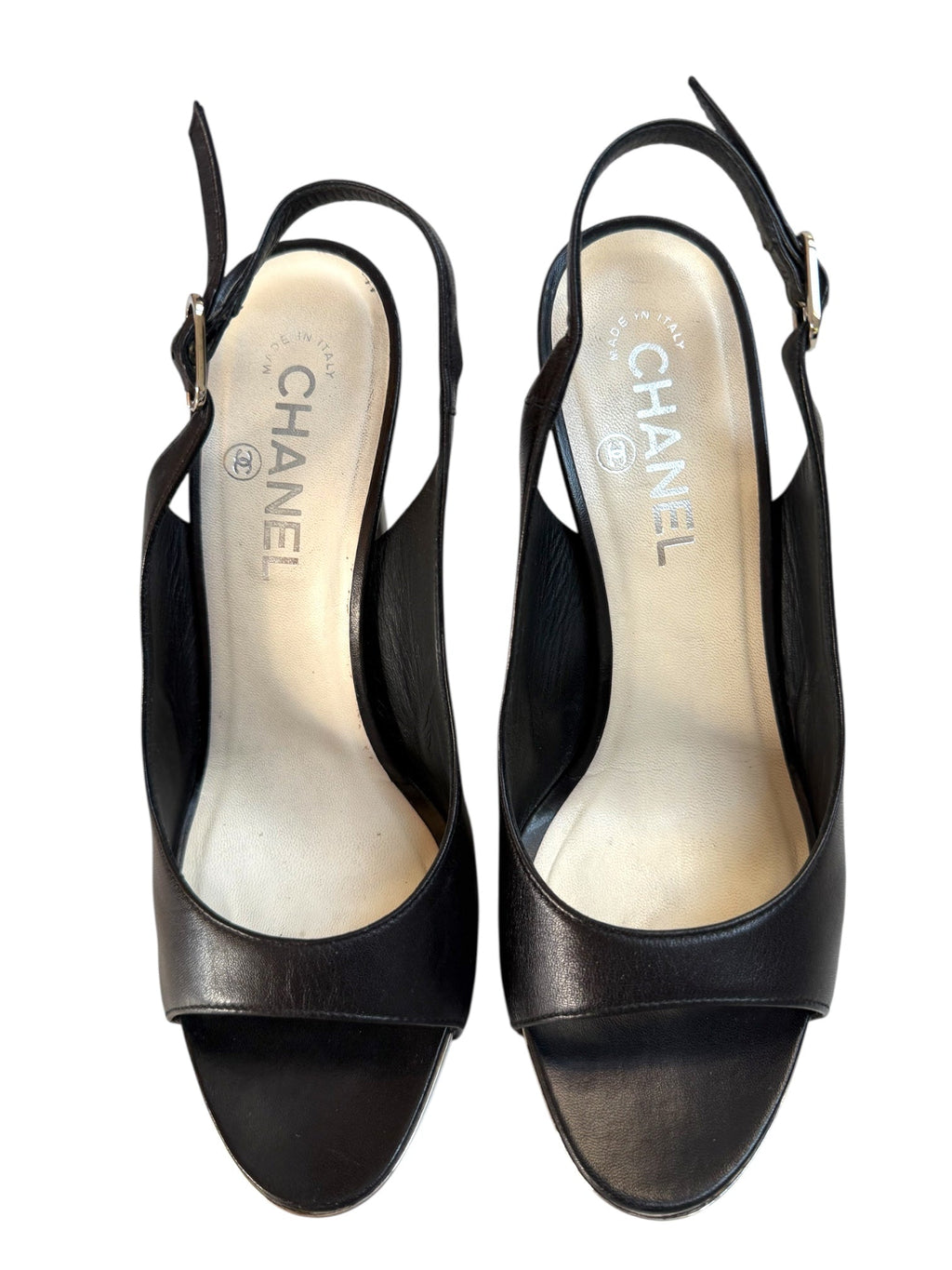 Chanel Black Platform Sling Back Peep Toe Shoes with Silver Finish