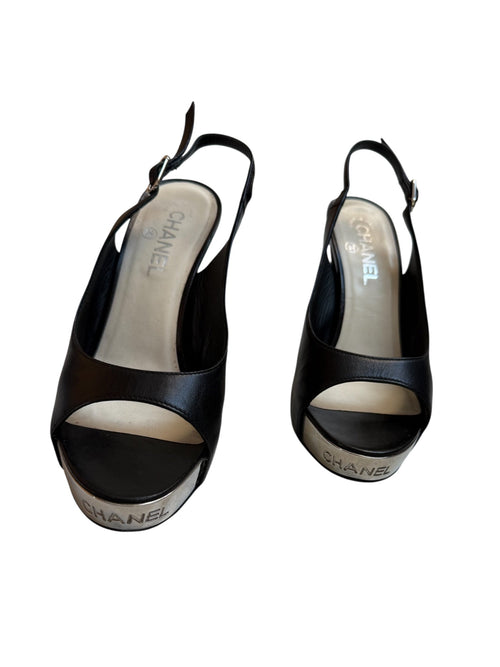 Chanel Black Platform Sling Back Peep Toe Shoes with Silver Finish