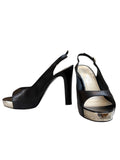 Chanel Black Platform Sling Back Peep Toe Shoes with Silver Finish