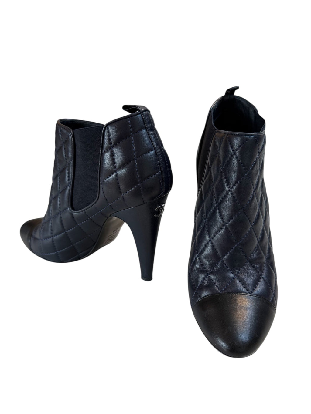 Chanel Navy and Black Leather Pointed Toe Ankle Boots