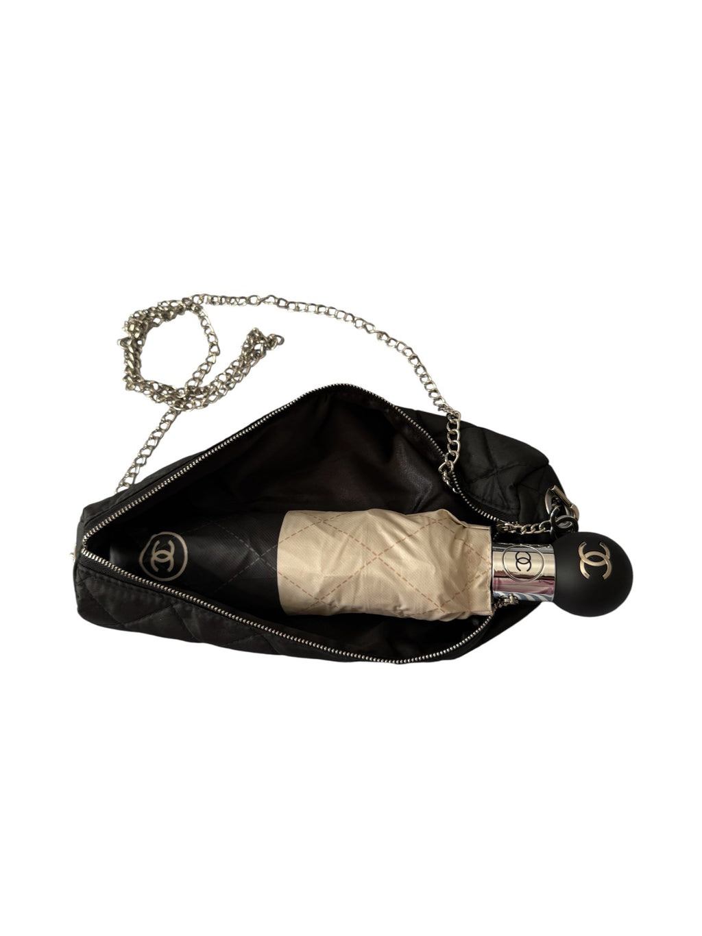 Chanel Cream and Black Automatic Open/Collapse Umbrella