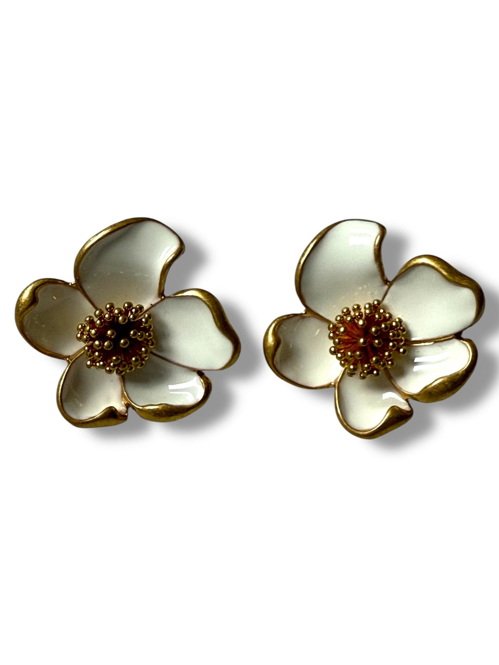 Oscar De La Renta White Enamel and Gold Plated Earrings