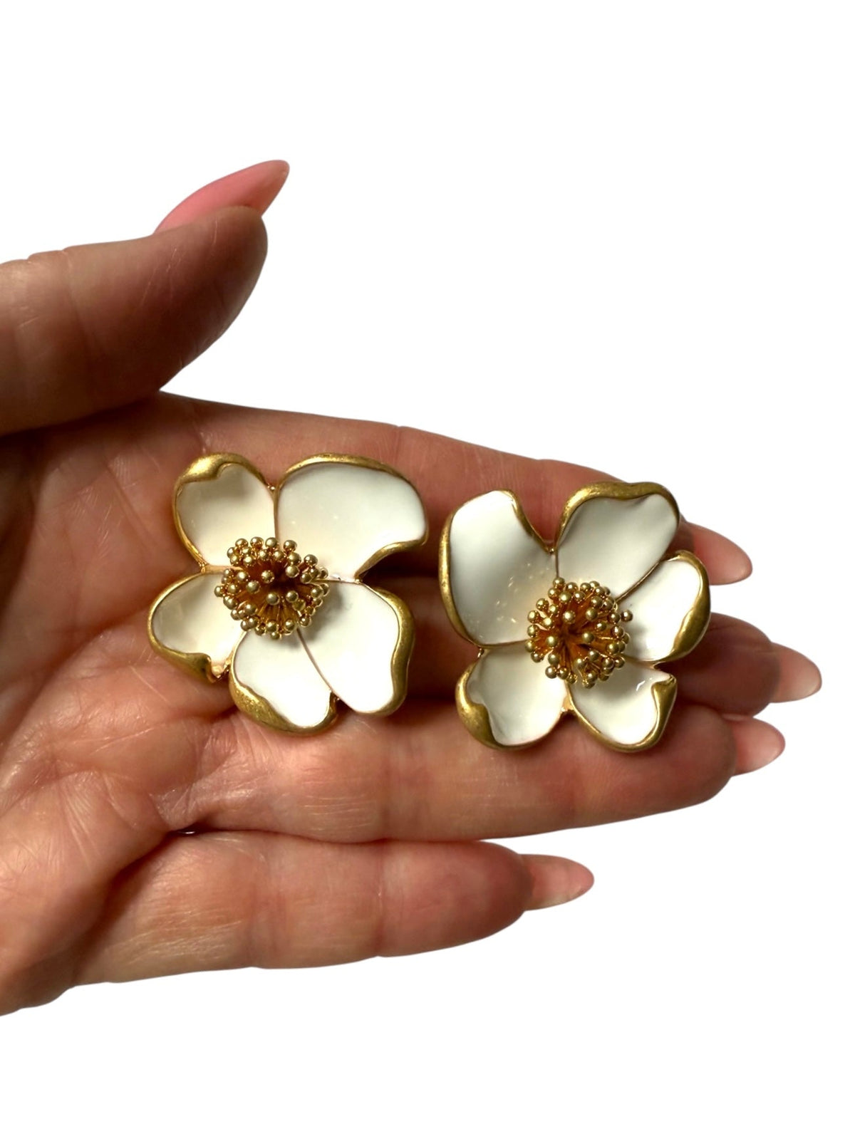 Oscar De La Renta White Enamel and Gold Plated Earrings
