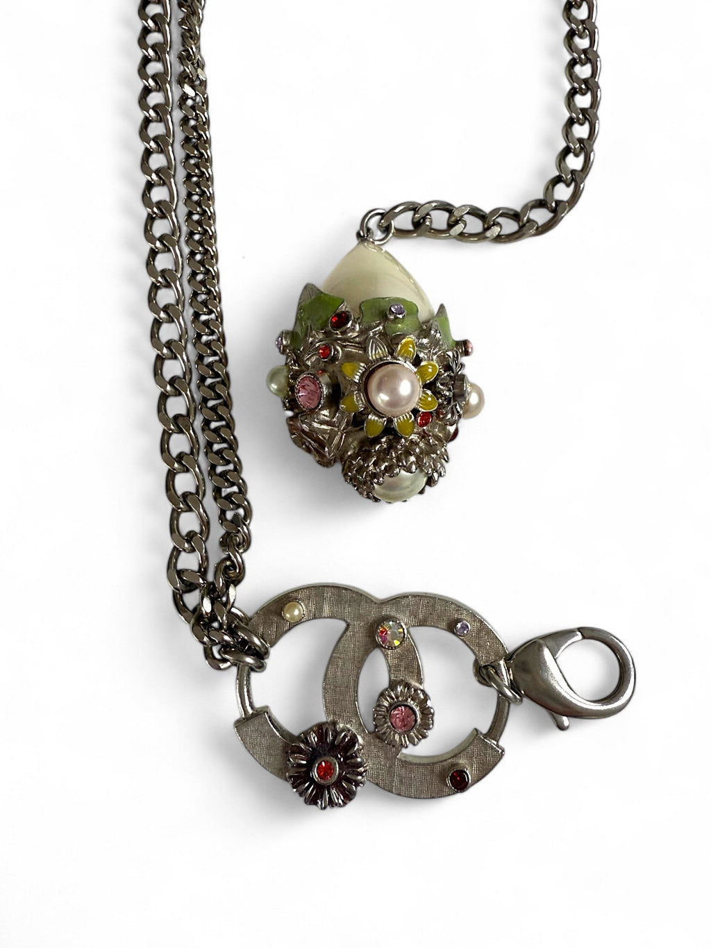 Chanel Belt with CC Logo Silver Tone Chain and Pearl Pendant