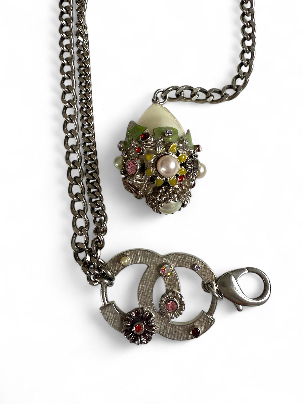Chanel Belt with CC Logo Silver Tone Chain and Pearl Pendant