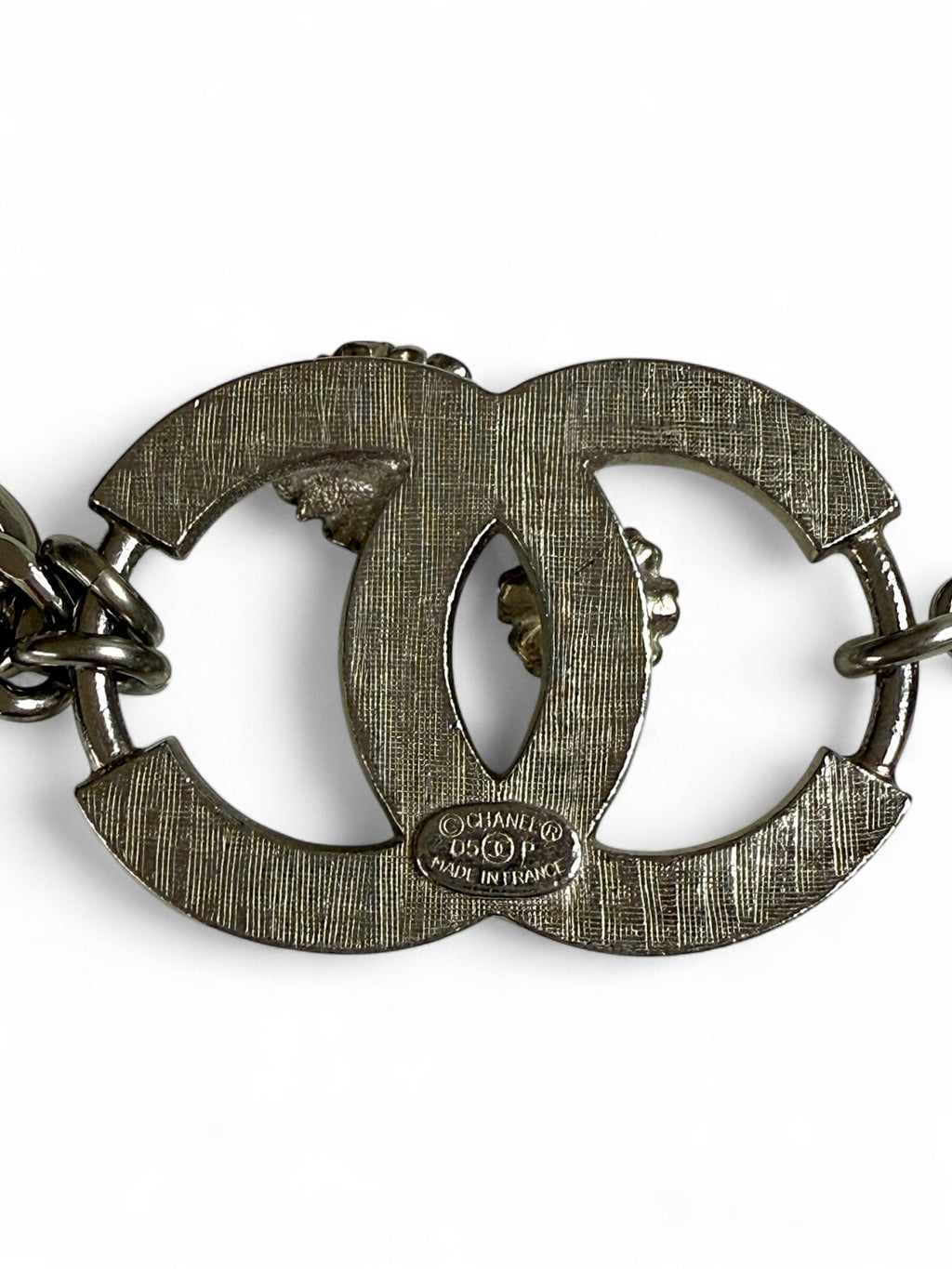 Chanel Belt with CC Logo Silver Tone Chain and Pearl Pendant