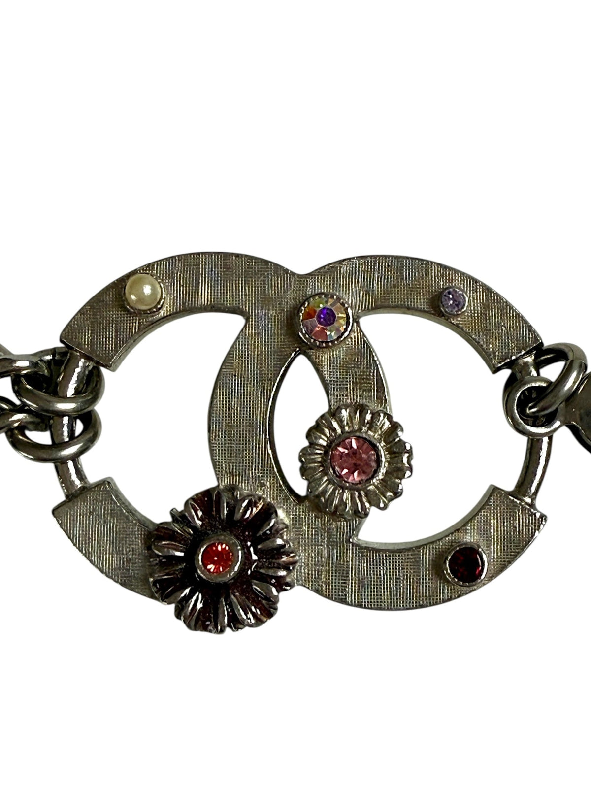 Chanel Belt with CC Logo Silver Tone Chain and Pearl Pendant