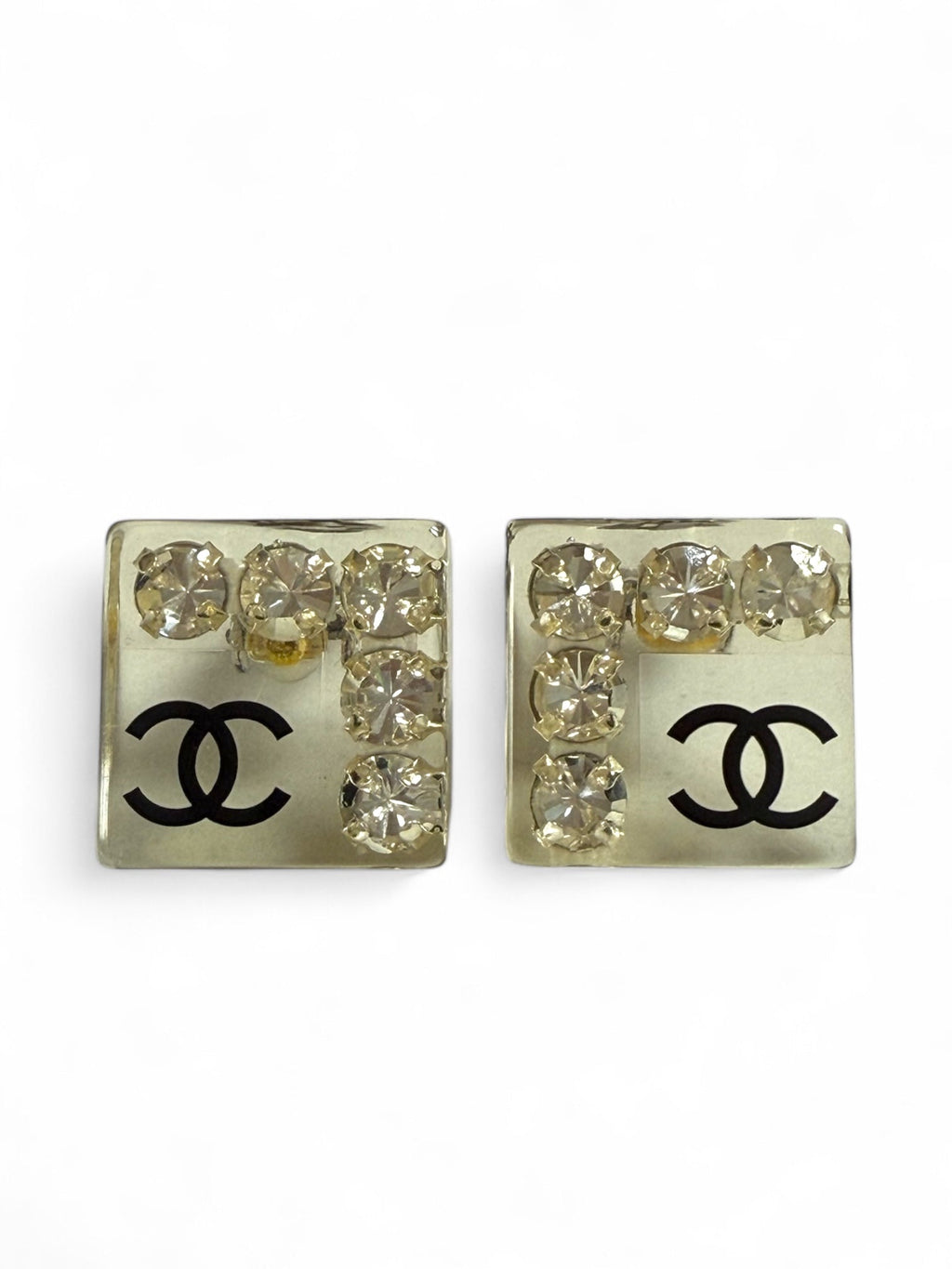 Chanel Clear Lucite and Crystal Square Clip-On Earrings