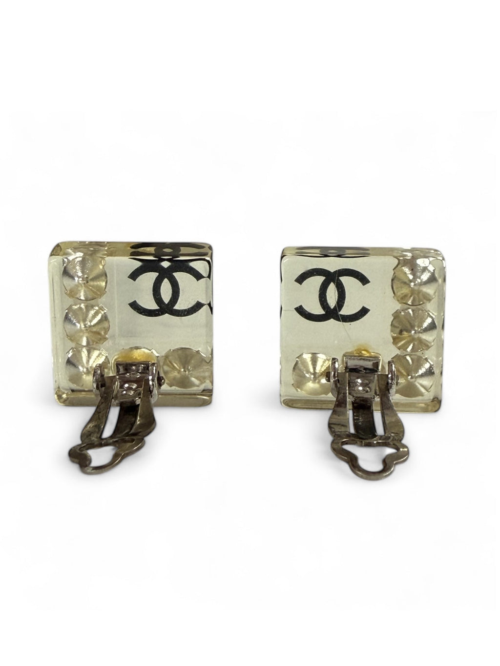 Chanel Clear Lucite and Crystal Square Clip-On Earrings