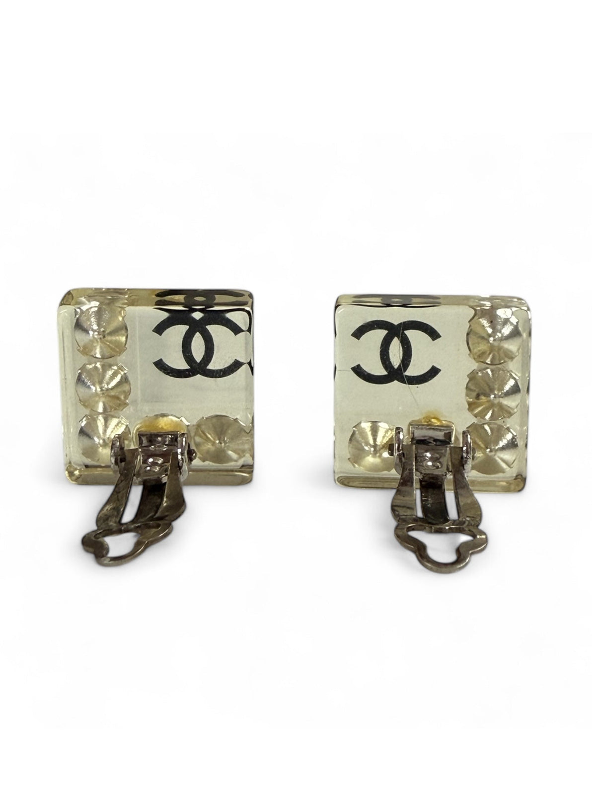 Chanel Clear Lucite and Crystal Square Clip-On Earrings