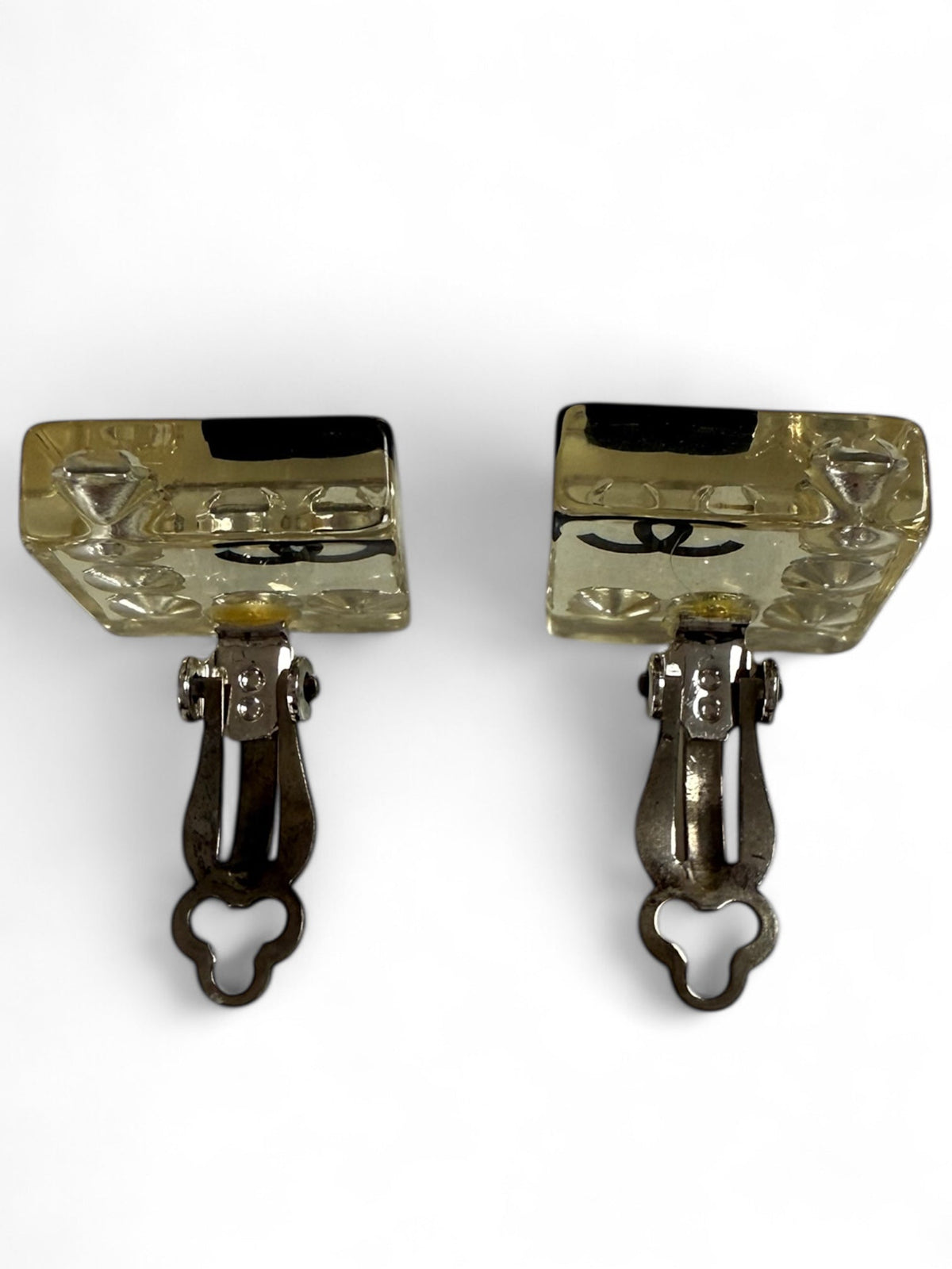Chanel Clear Lucite and Crystal Square Clip-On Earrings
