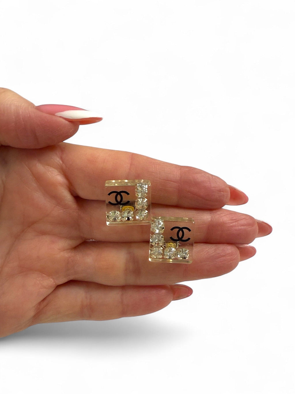 Chanel Clear Lucite and Crystal Square Clip-On Earrings