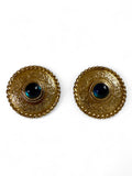 Givenchy Round Gold Tone Engraved Clip On Earrings with Blue Glass Stone