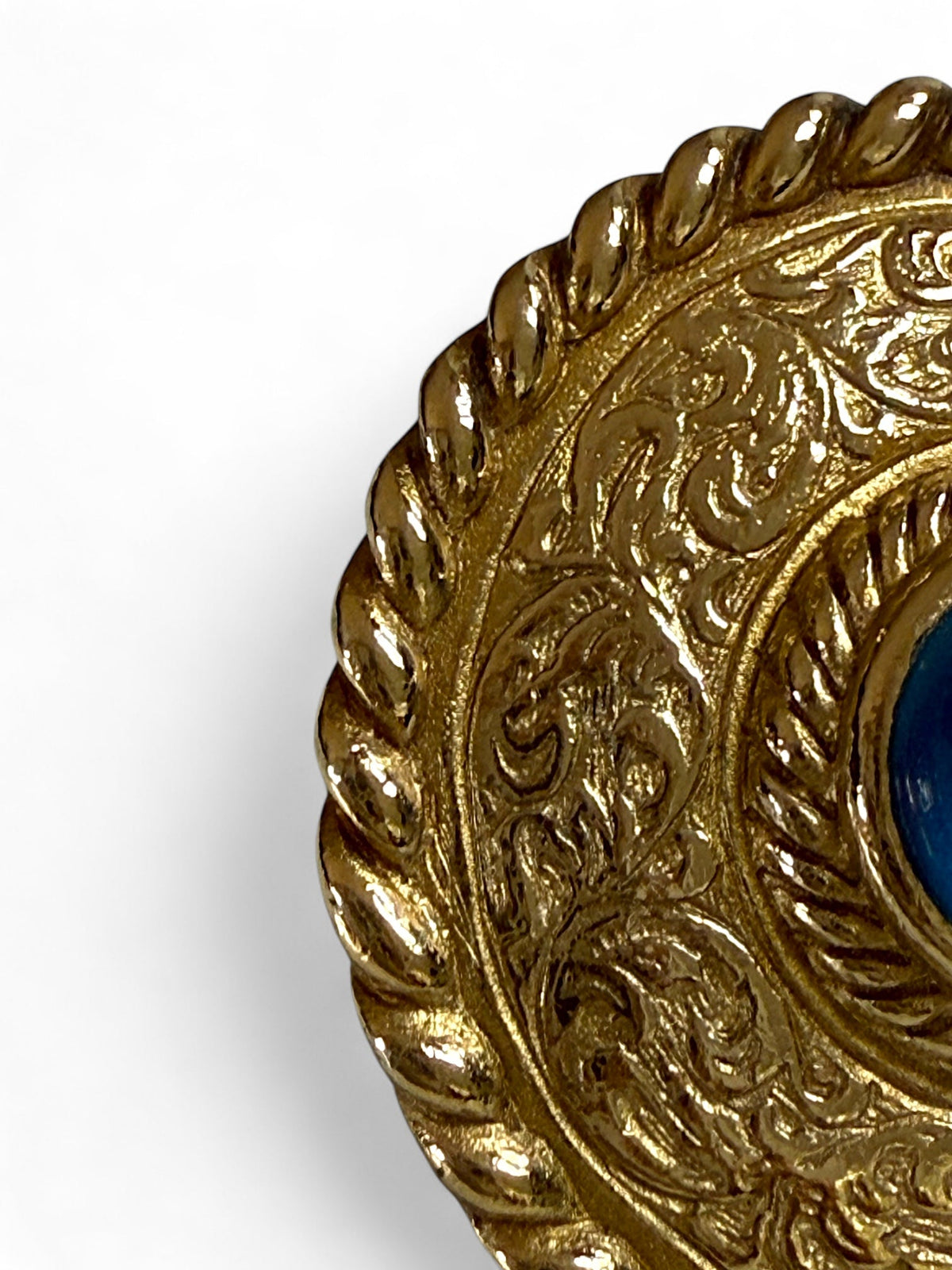 Givenchy Round Gold Tone Engraved Clip On Earrings with Blue Glass Stone