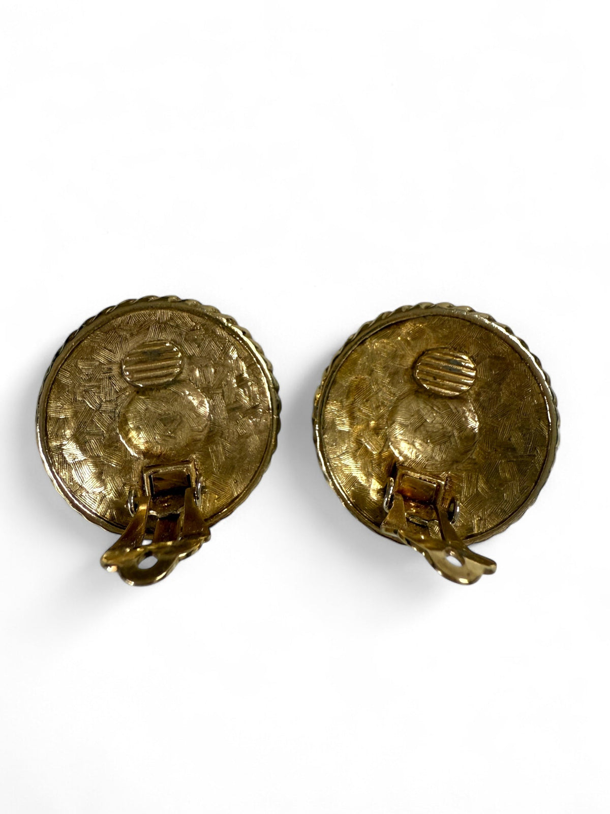 Givenchy Round Gold Tone Engraved Clip On Earrings with Blue Glass Stone