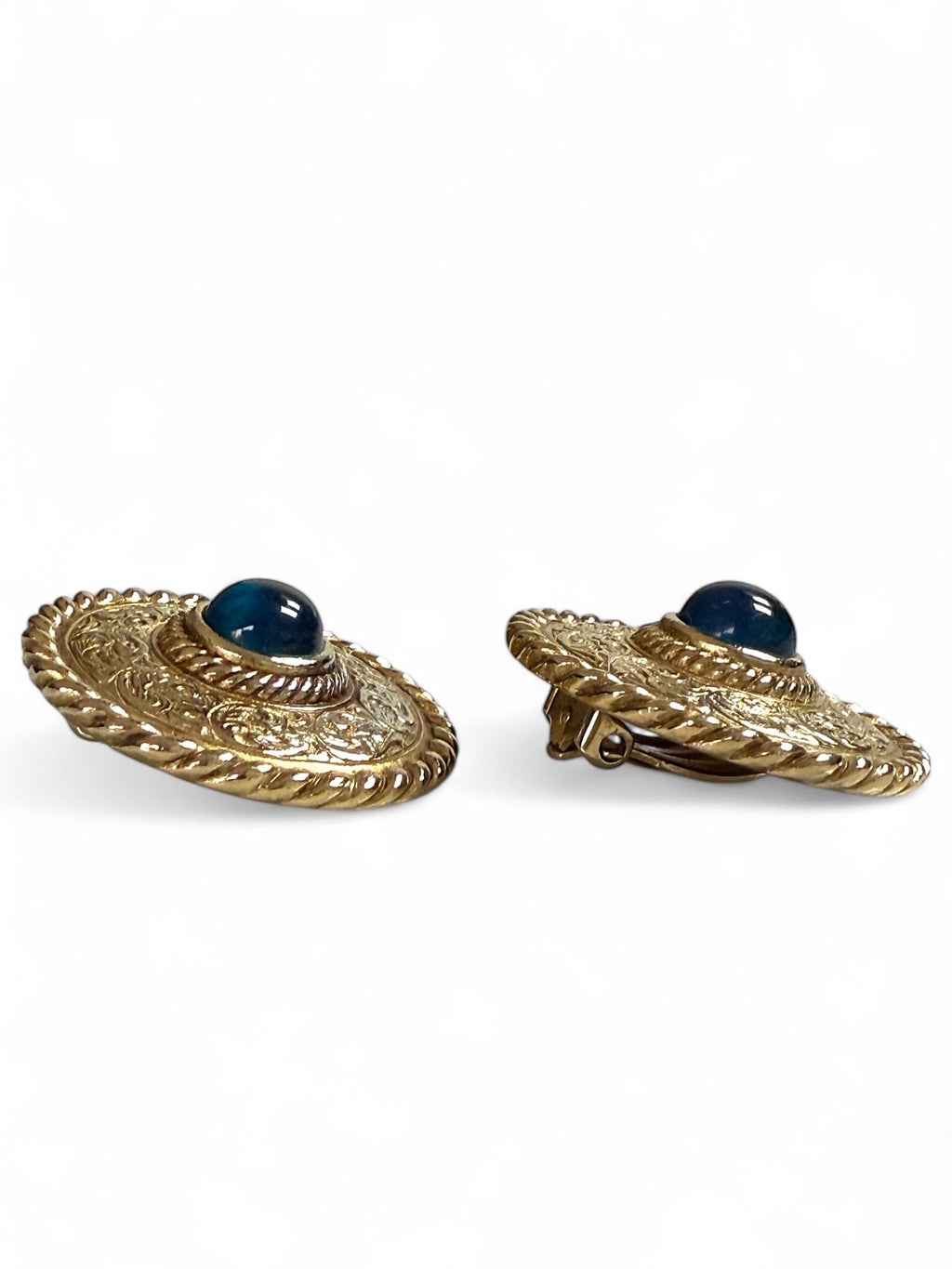 Givenchy Round Gold Tone Engraved Clip On Earrings with Blue Glass Stone