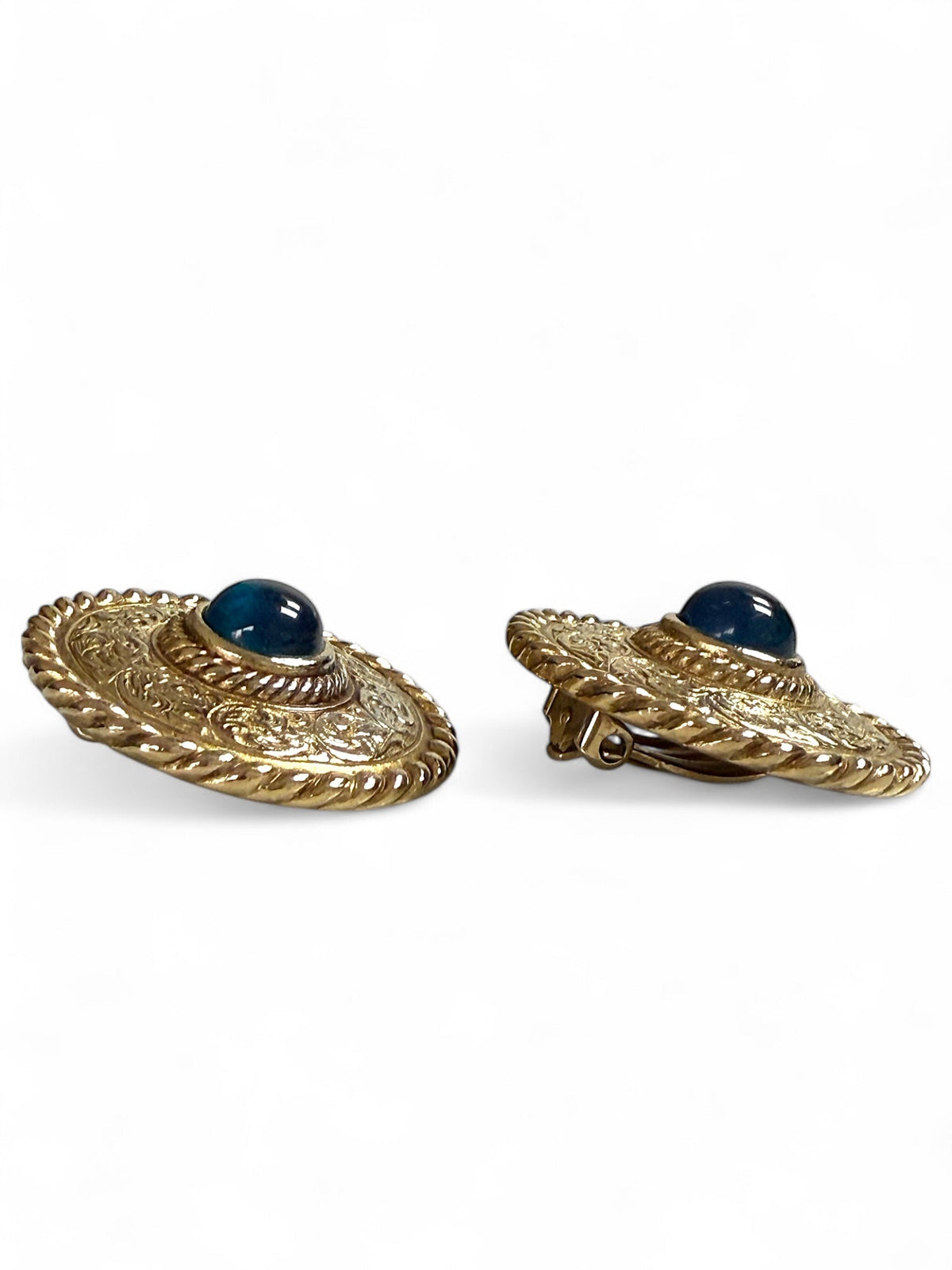 Givenchy Round Gold Tone Engraved Clip On Earrings with Blue Glass Stone