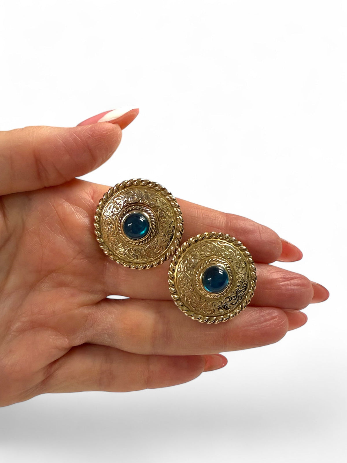 Givenchy Round Gold Tone Engraved Clip On Earrings with Blue Glass Stone