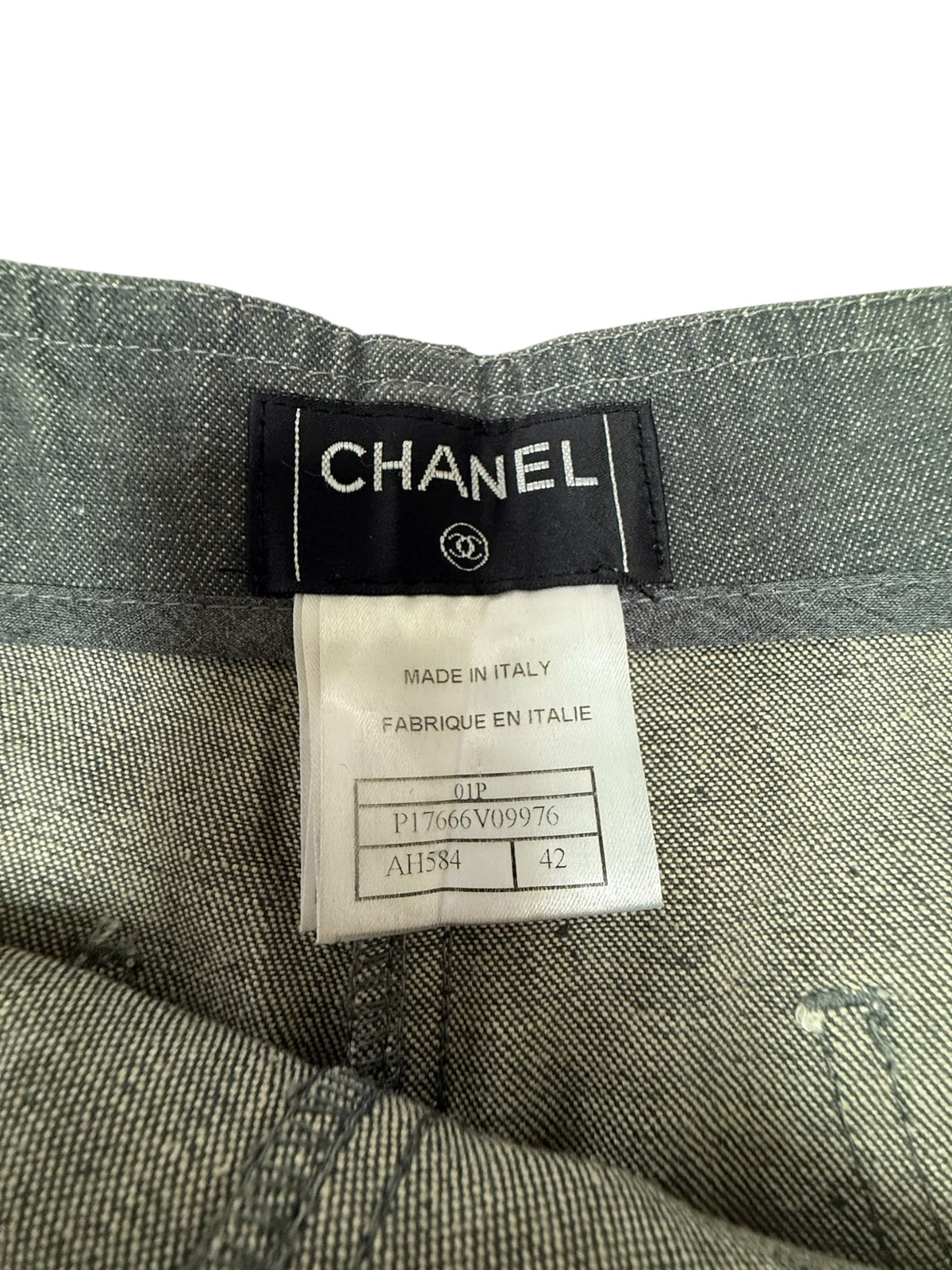 Chanel Grey Crystal CC Logo Flared Cargo Denim Jeans