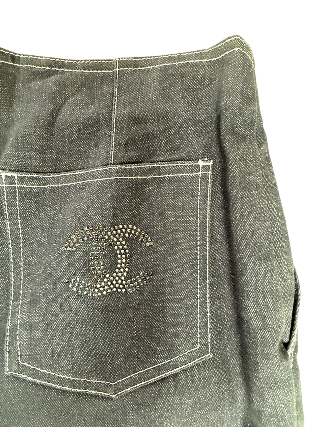 Chanel Grey Crystal CC Logo Flared Cargo Denim Jeans