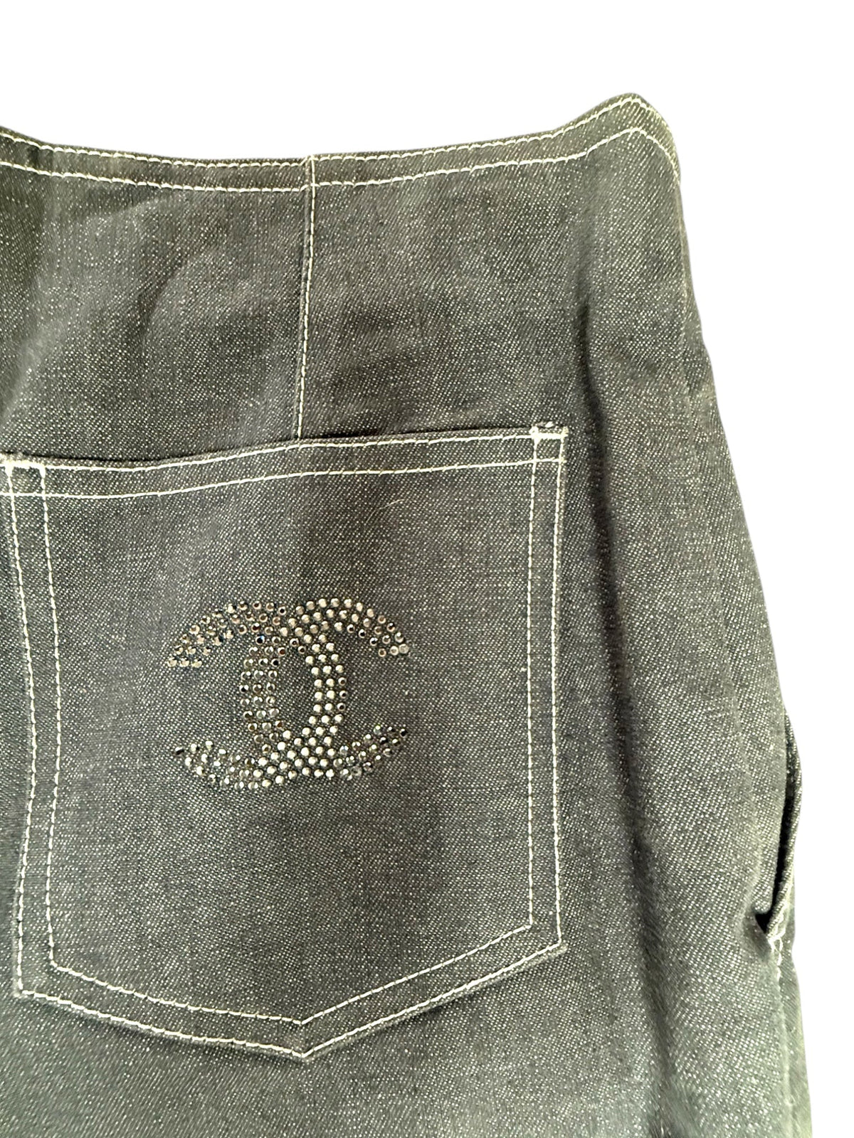 Chanel Grey Crystal CC Logo Flared Cargo Denim Jeans
