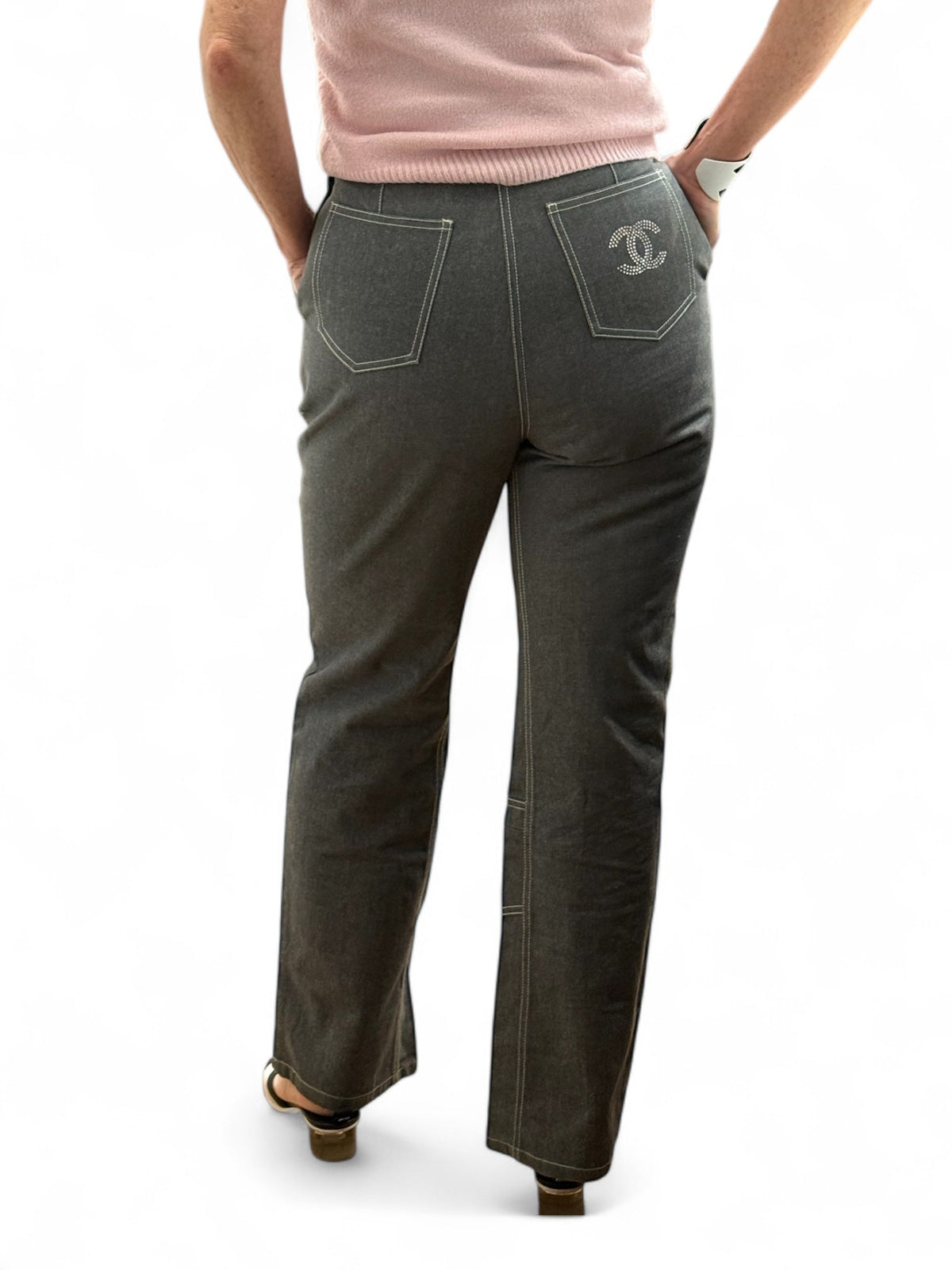 Chanel Grey Crystal CC Logo Flared Cargo Denim Jeans