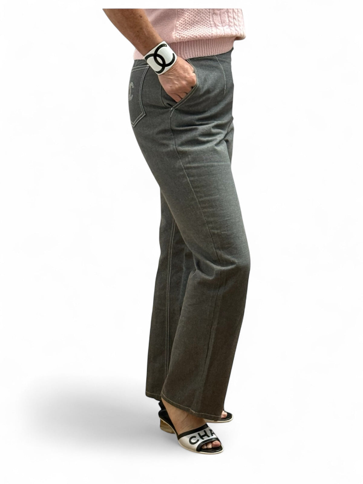 Chanel Grey Crystal CC Logo Flared Cargo Denim Jeans