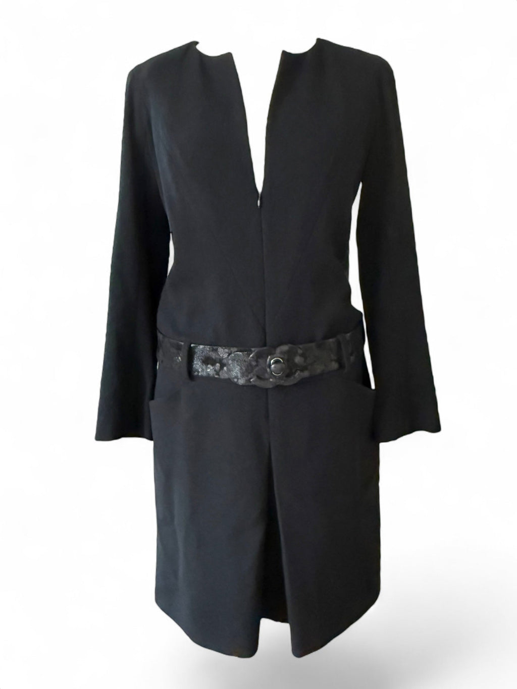Chanel Black Wool Dress with Thick Embossed Belt