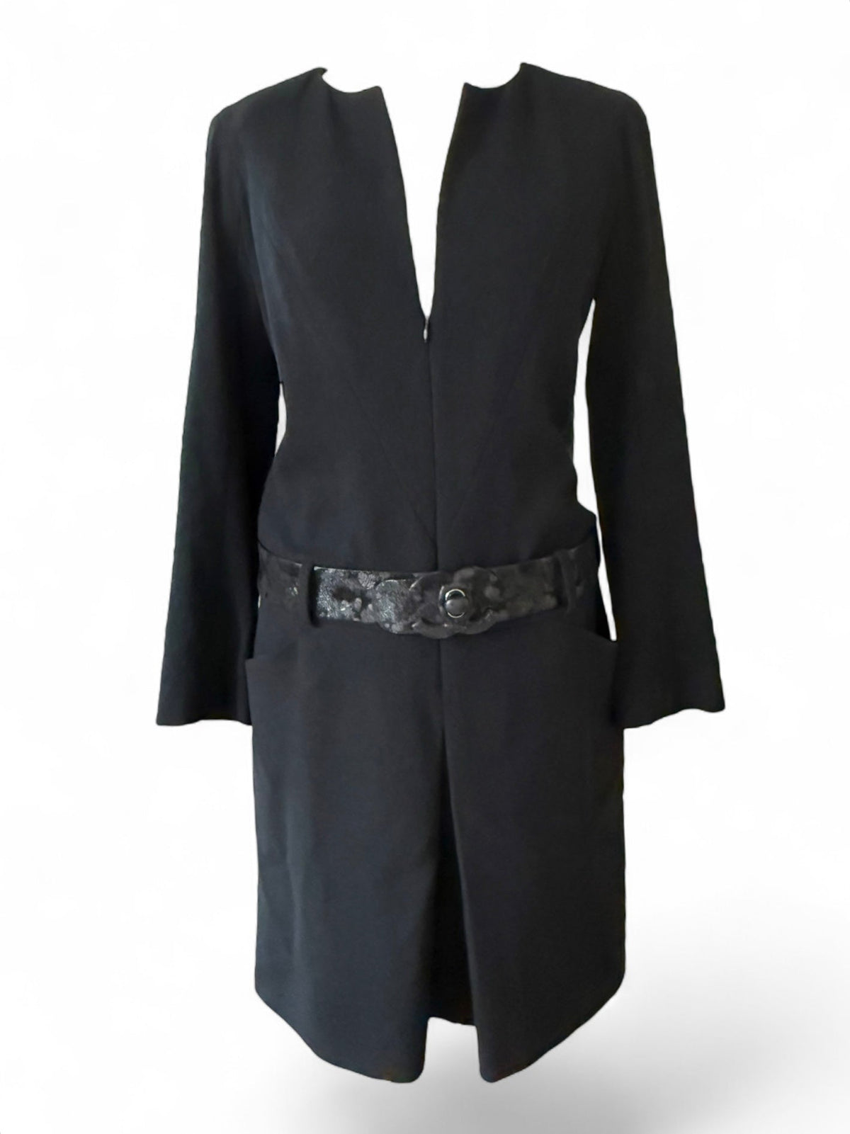 Chanel Black Wool Dress with Thick Embossed Belt