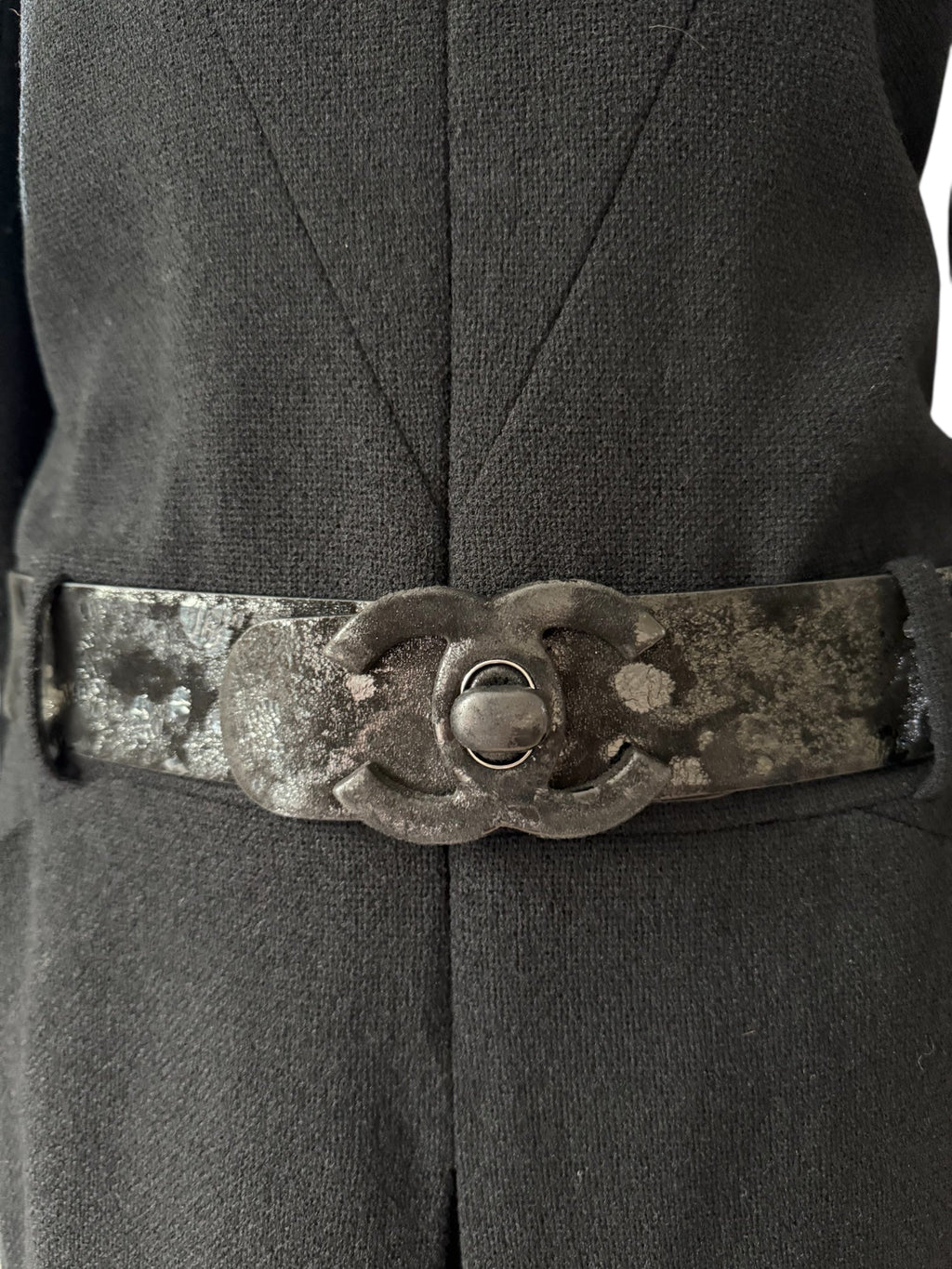 Chanel Black Wool Dress with Thick Embossed Belt